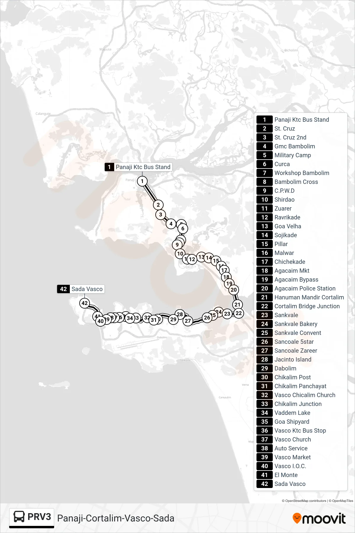 PRV3 bus Line (Panaji-Cortalim-Vasco-Sada) route and stops on a map