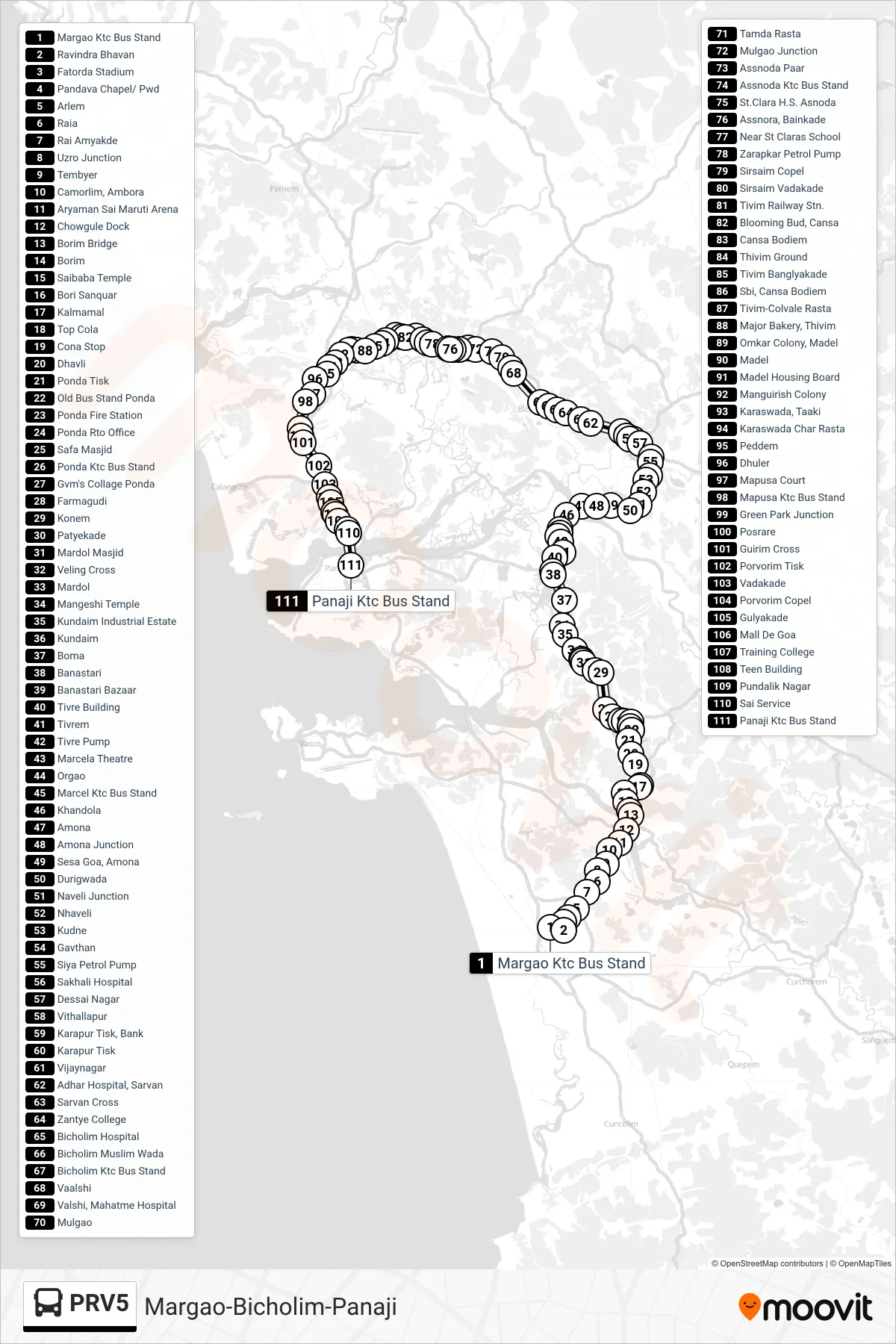 PRV5 bus Line (Margao-Bicholim-Panaji) route and stops on a map