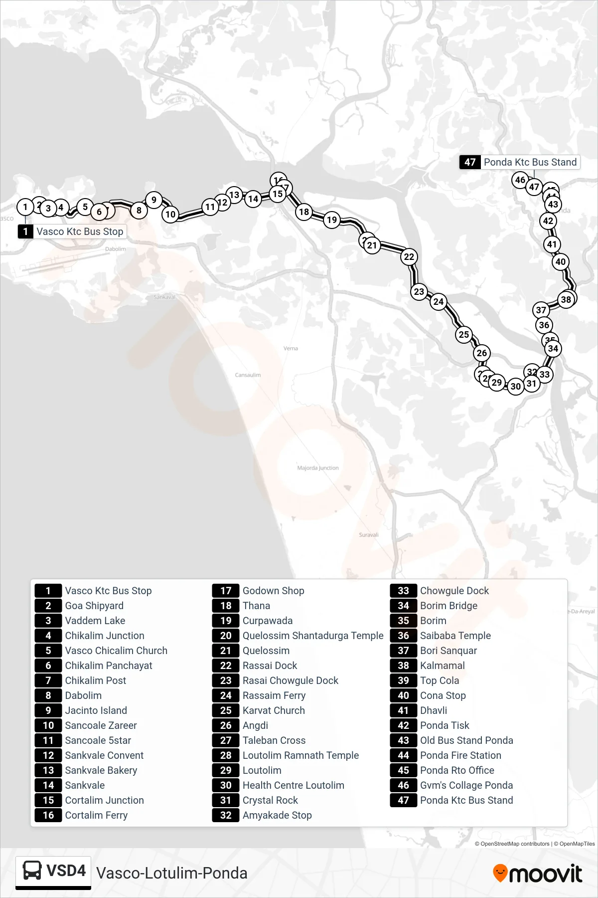 VSD4 bus Line (Vasco-Lotulim-Ponda) route and stops on a map