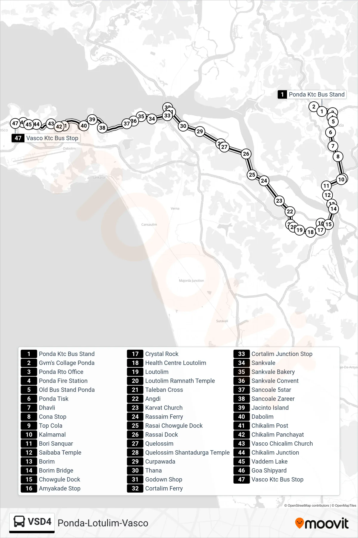 VSD4 bus Line (Ponda-Lotulim-Vasco) route and stops on a map