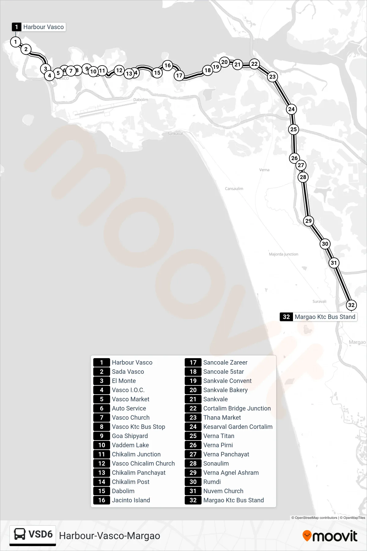 VSD6 bus Line (Harbour-Vasco-Margao) route and stops on a map