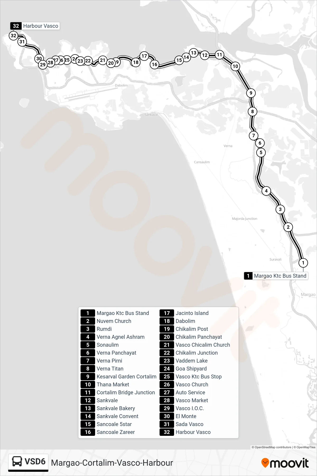 VSD6 bus Line (Margao-Cortalim-Vasco-Harbour) route and stops on a map