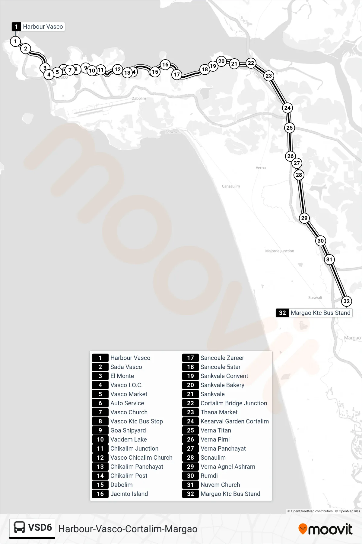 VSD6 bus Line (Harbour-Vasco-Cortalim-Margao) route and stops on a map