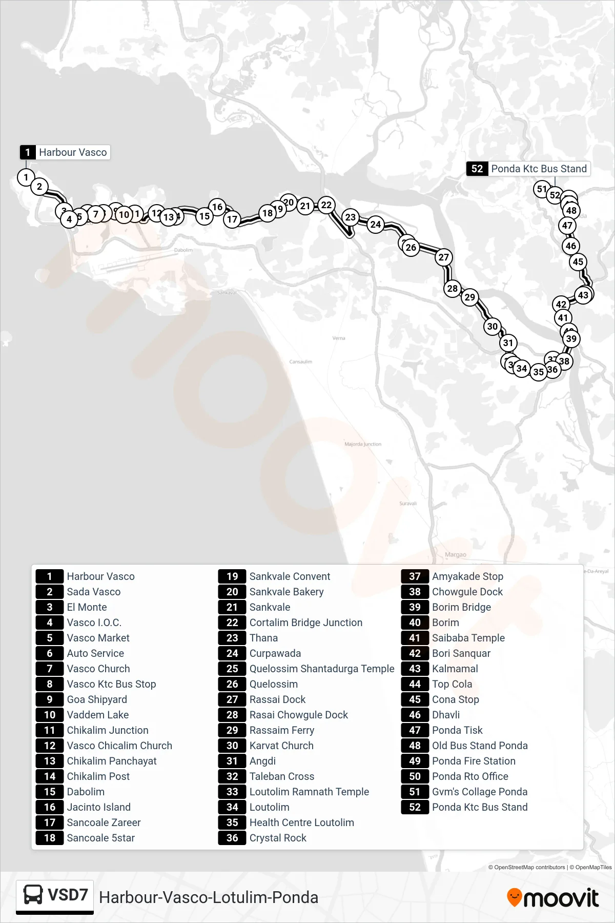 VSD7 bus Line (Harbour-Vasco-Lotulim-Ponda) route and stops on a map