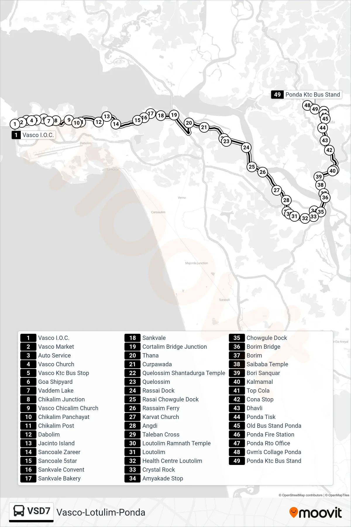 VSD7 bus Line (Vasco-Lotulim-Ponda) route and stops on a map