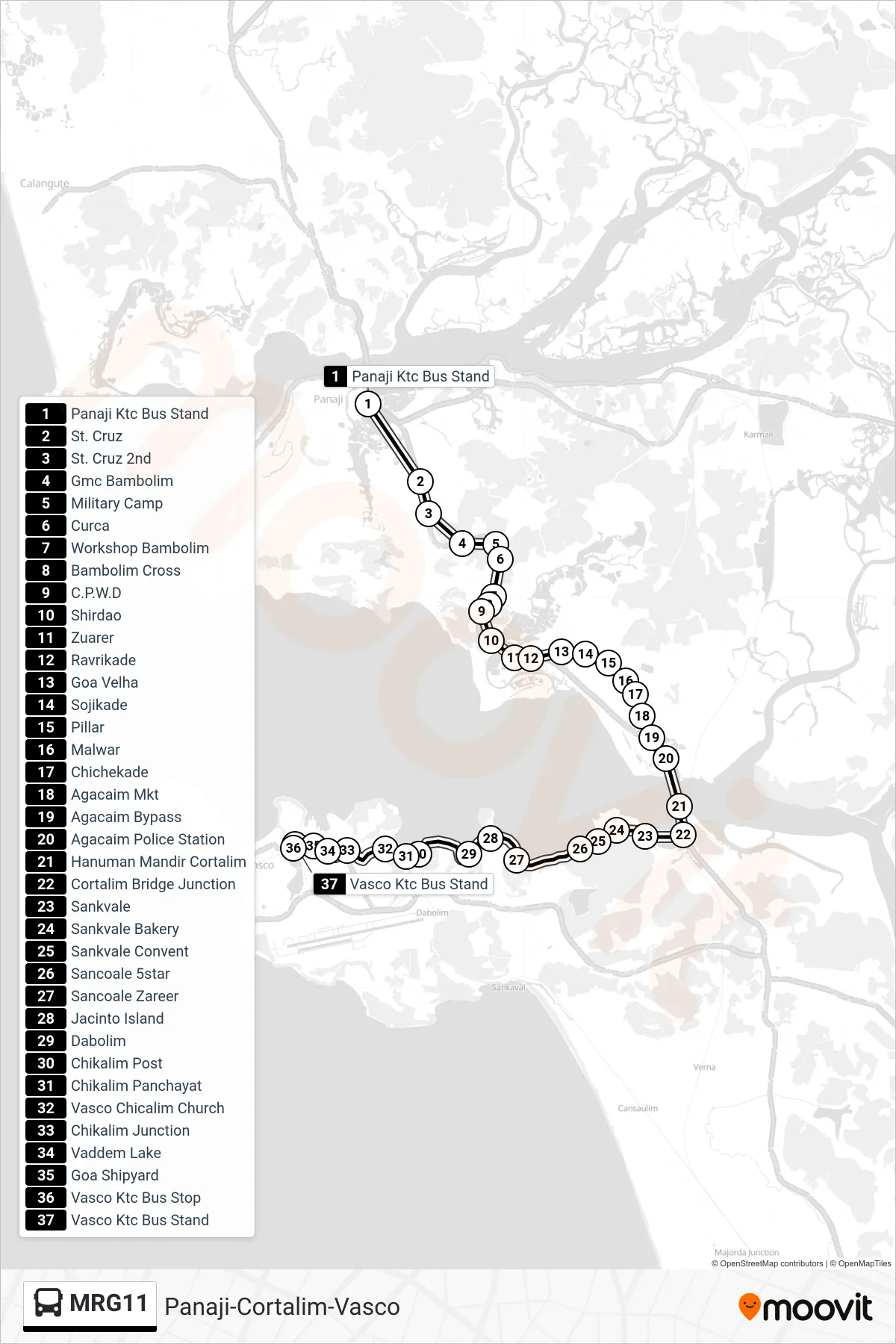 MRG11 bus Line (Panaji-Cortalim-Vasco) route and stops on a map