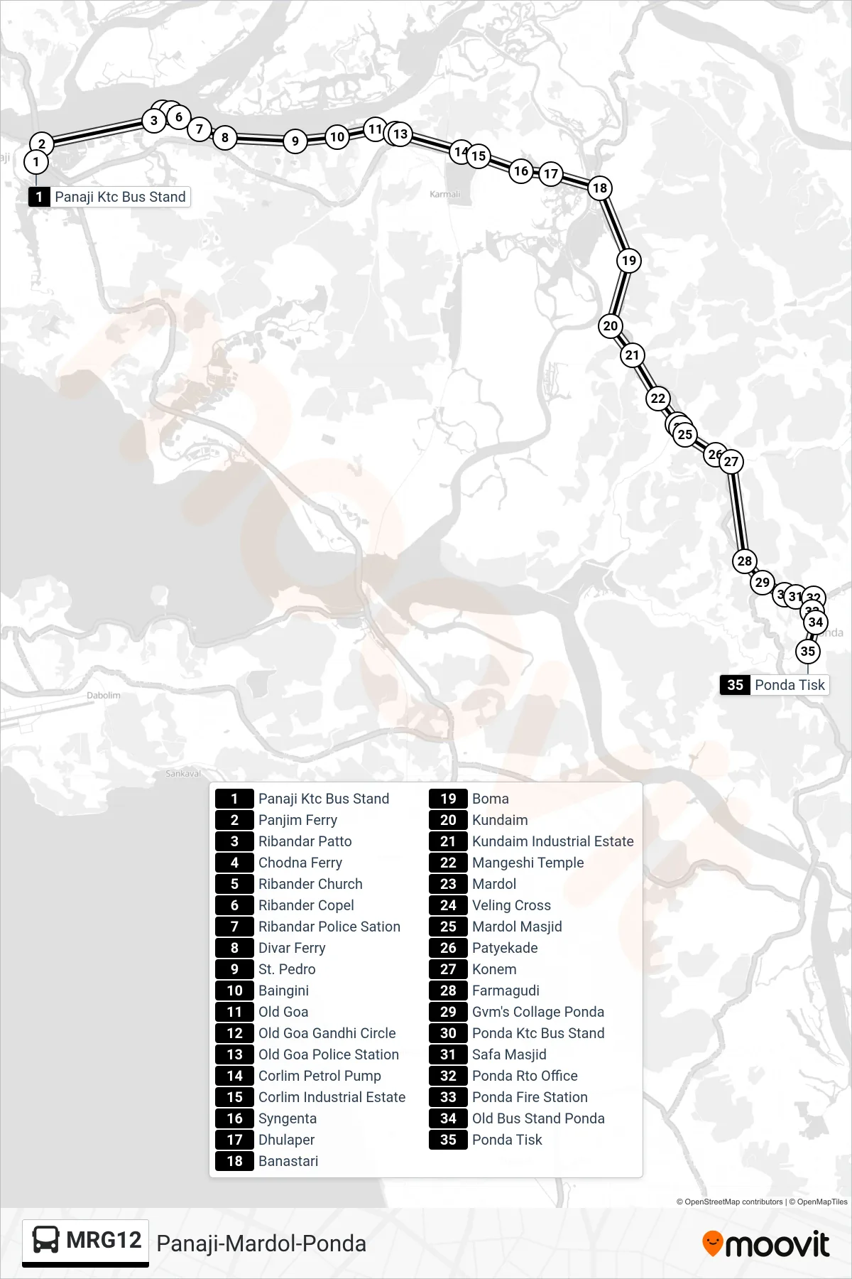 MRG12 bus Line (Panaji-Mardol-Ponda) route and stops on a map