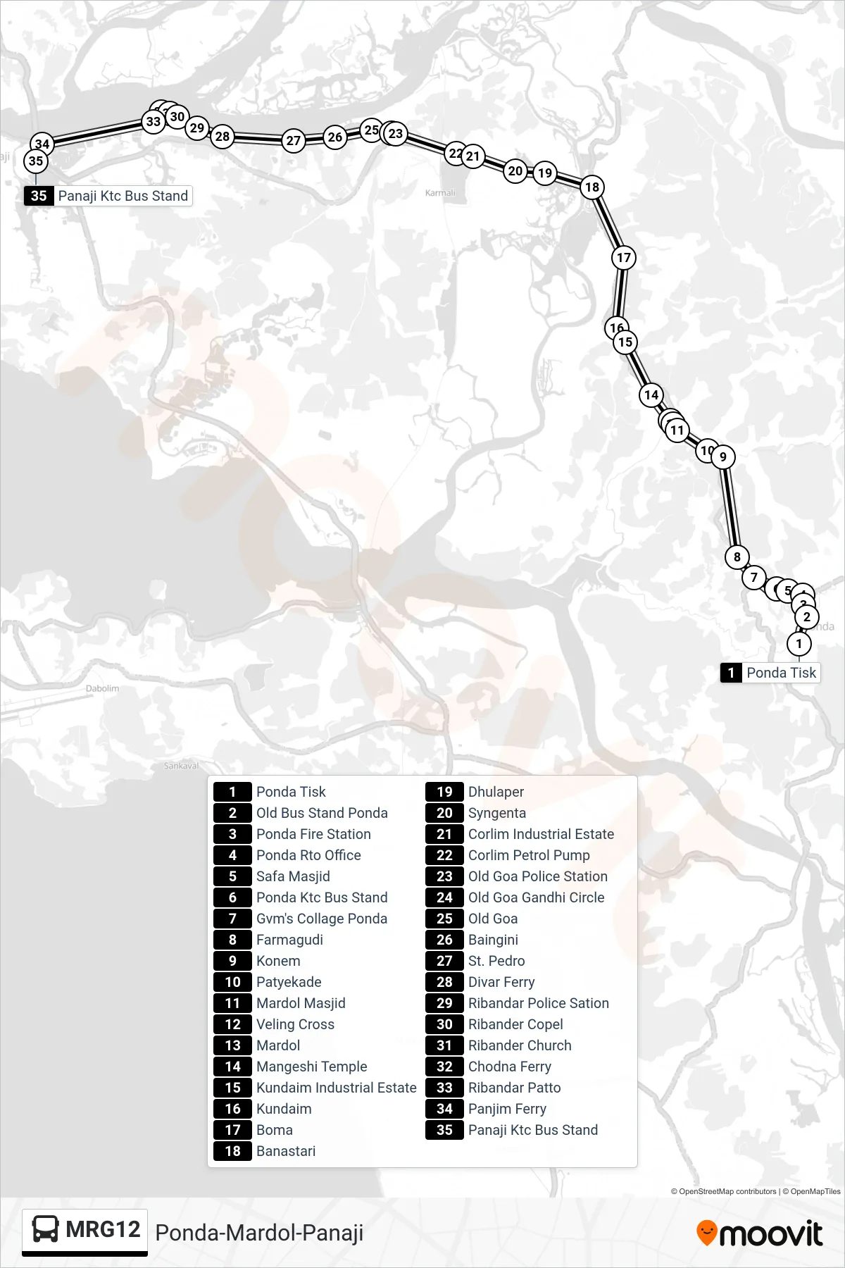 MRG12 bus Line (Ponda-Mardol-Panaji) route and stops on a map