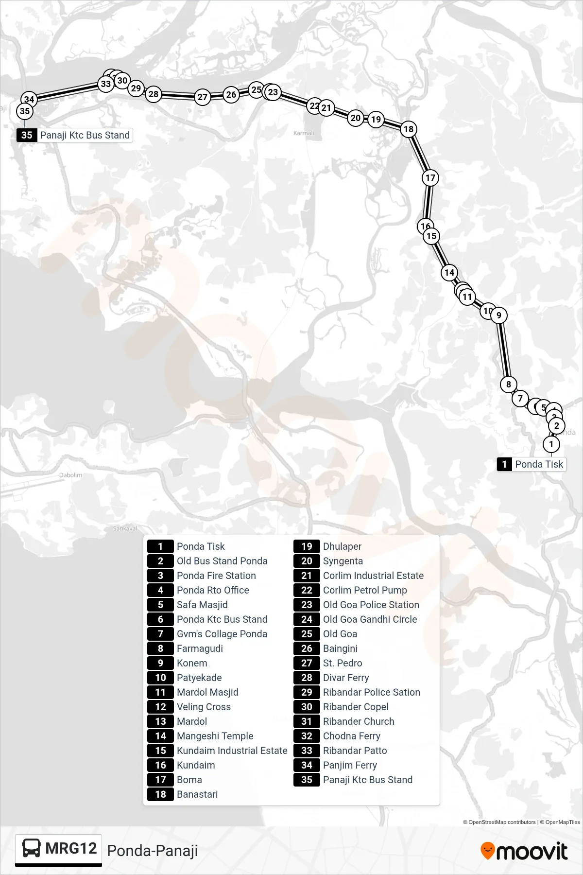 MRG12 bus Line (Ponda-Panaji) route and stops on a map
