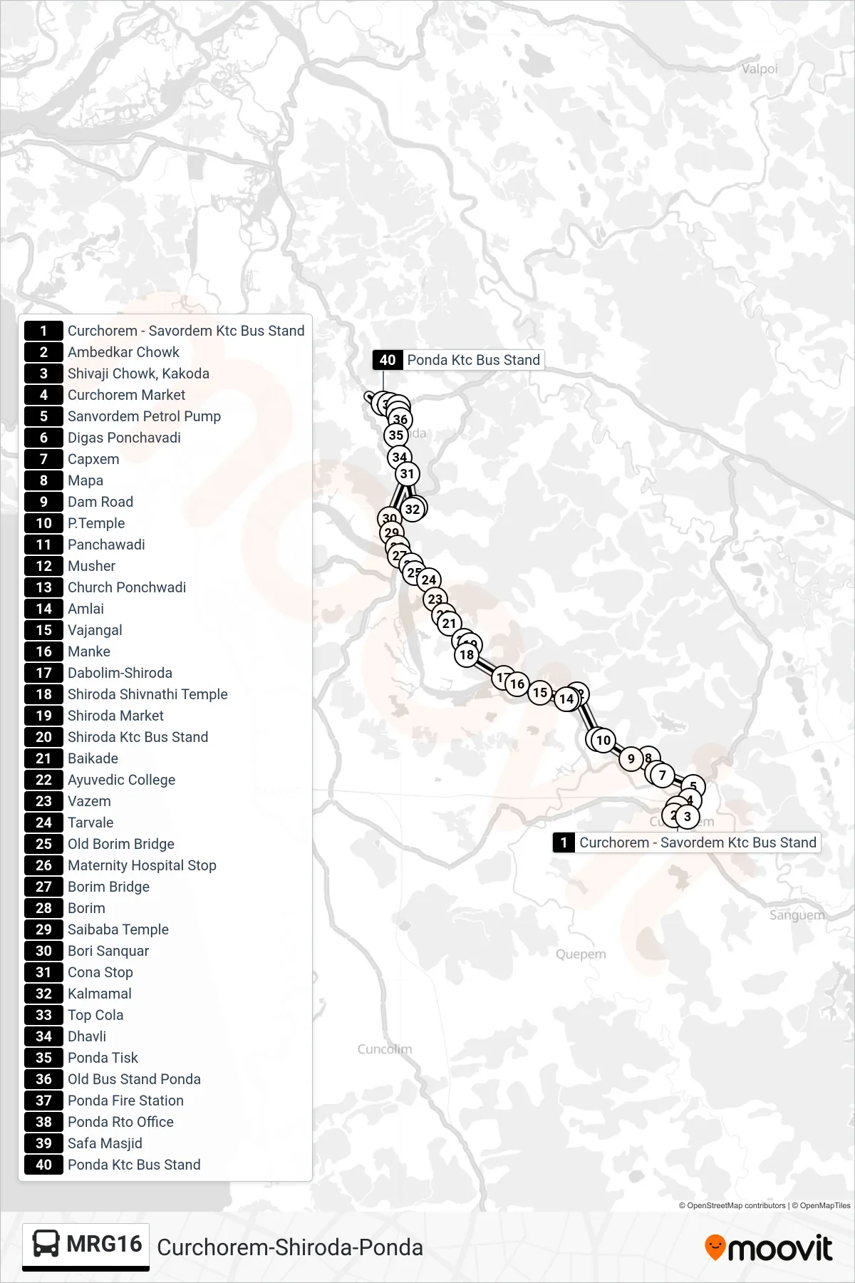 MRG16 bus Line (Curchorem-Shiroda-Ponda) route and stops on a map