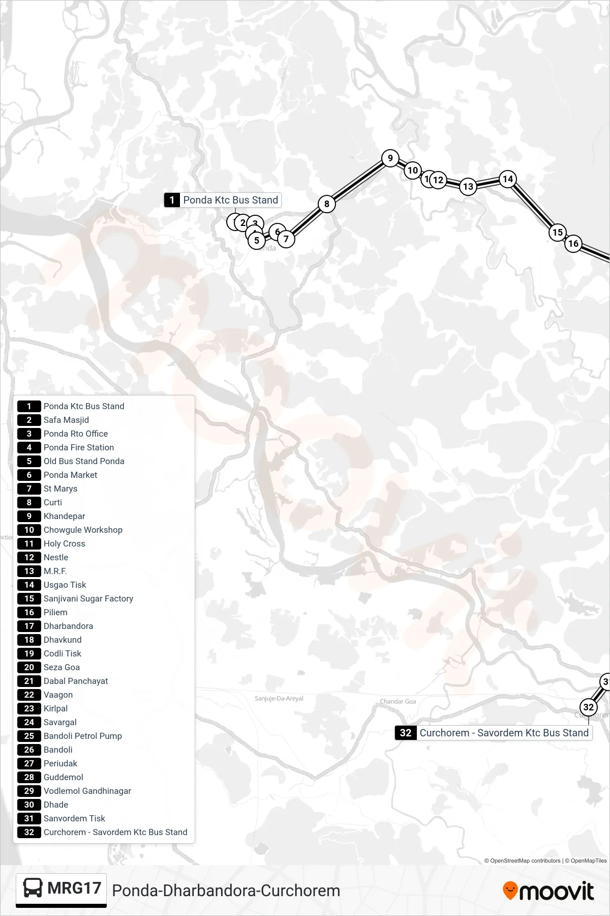 MRG17 bus Line (Ponda-Dharbandora-Curchorem) route and stops on a map