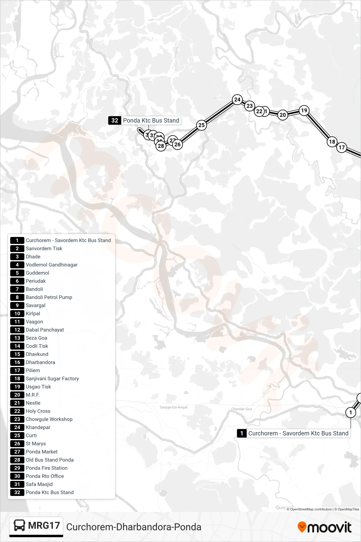 MRG17 bus Line (Curchorem-Dharbandora-Ponda) route and stops on a map