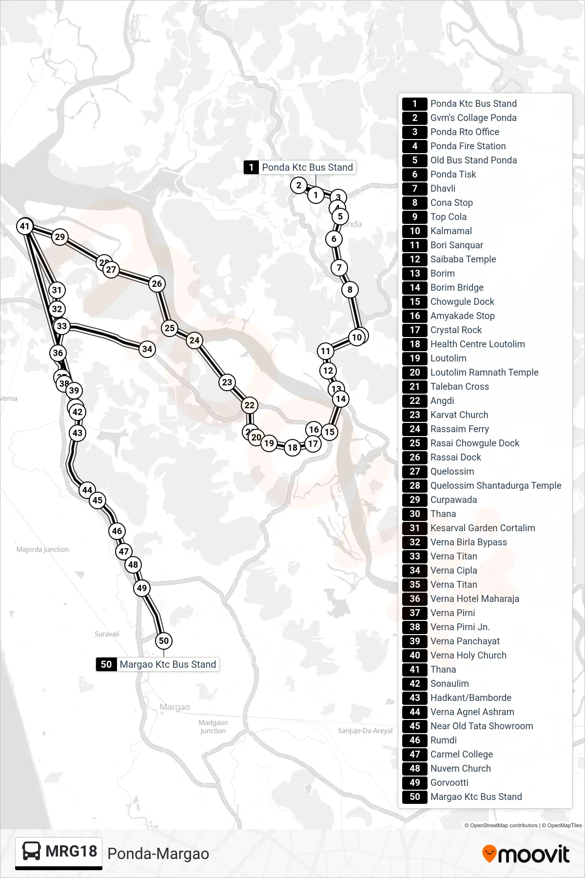 MRG18 bus Line (Ponda-Margao) route and stops on a map