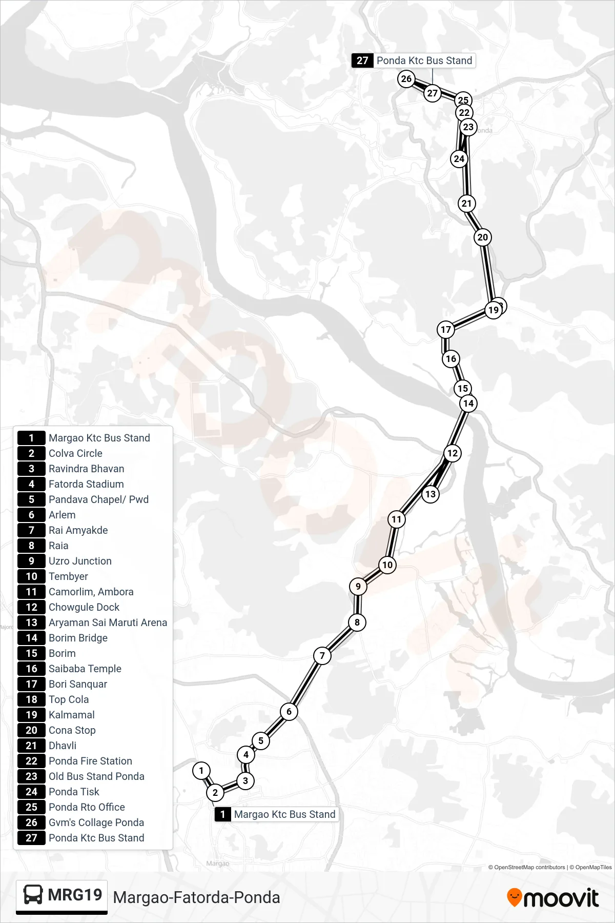 MRG19 bus Line (Margao-Fatorda-Ponda) route and stops on a map