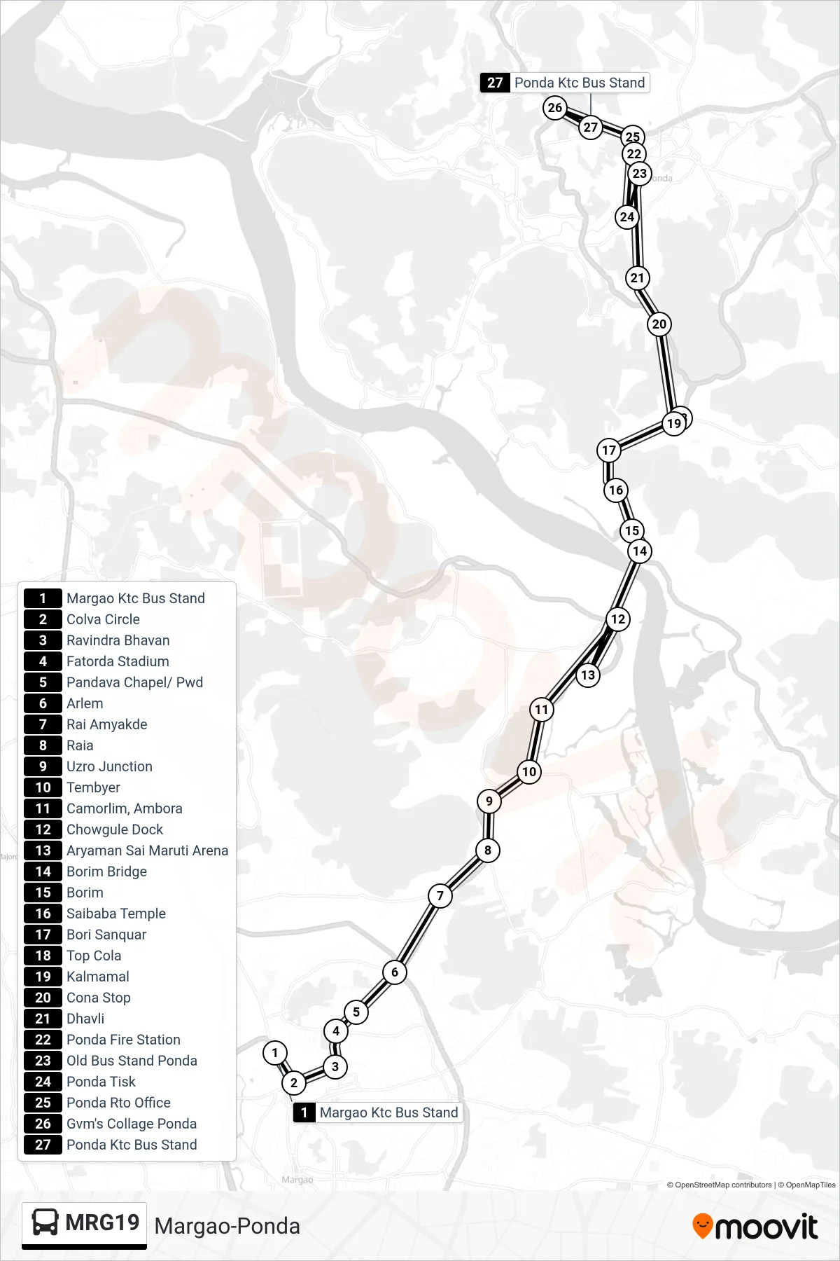 MRG19 bus Line (Margao-Ponda) route and stops on a map