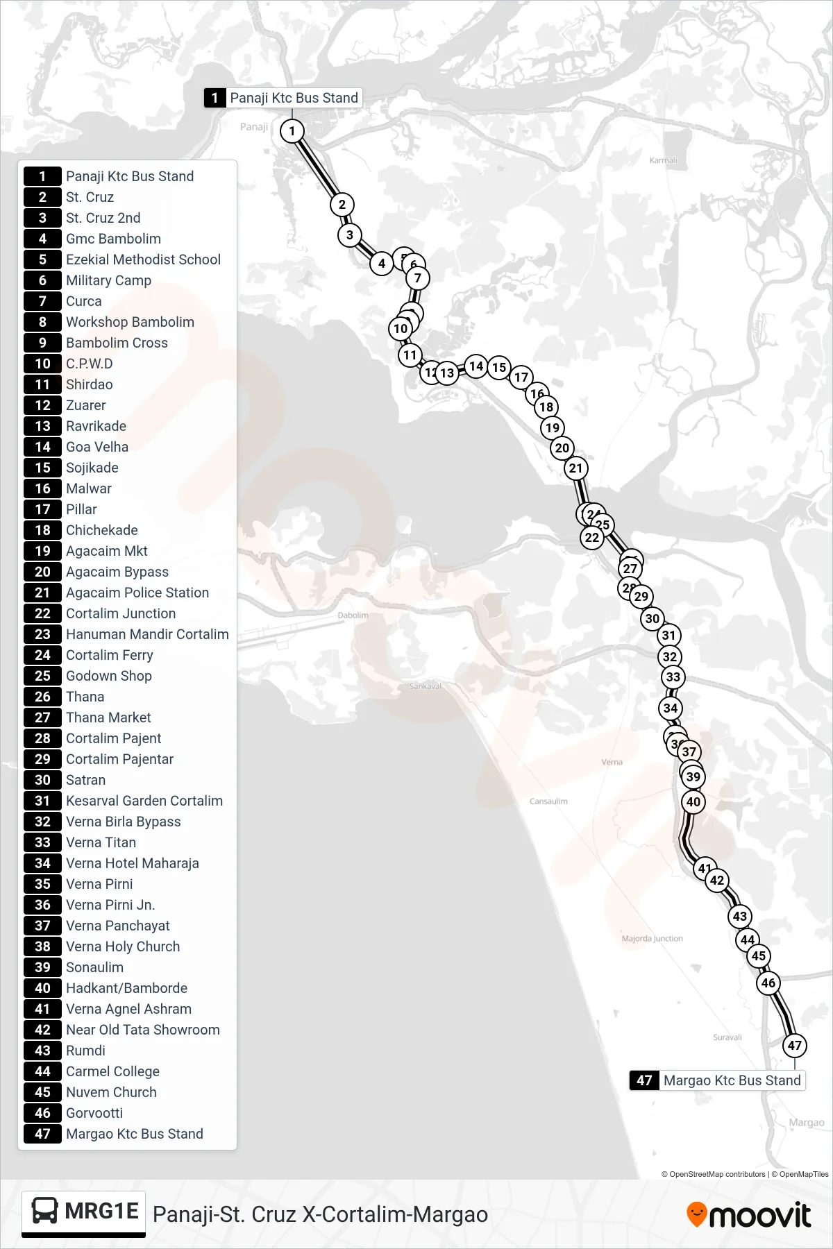 MRG1E bus Line (Panaji-St. Cruz X-Cortalim-Margao) route and stops on a map