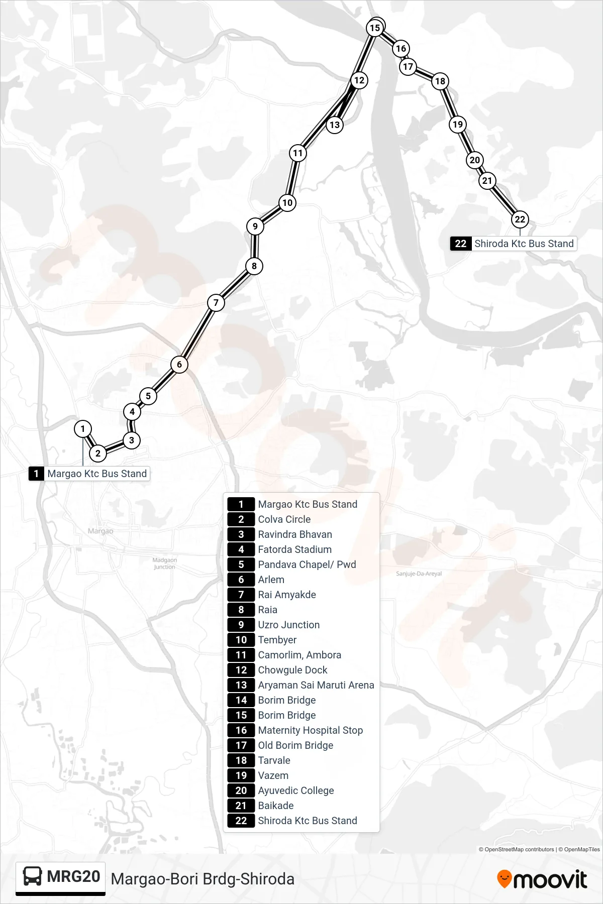 MRG20 bus Line (Margao-Bori Brdg-Shiroda) route and stops on a map