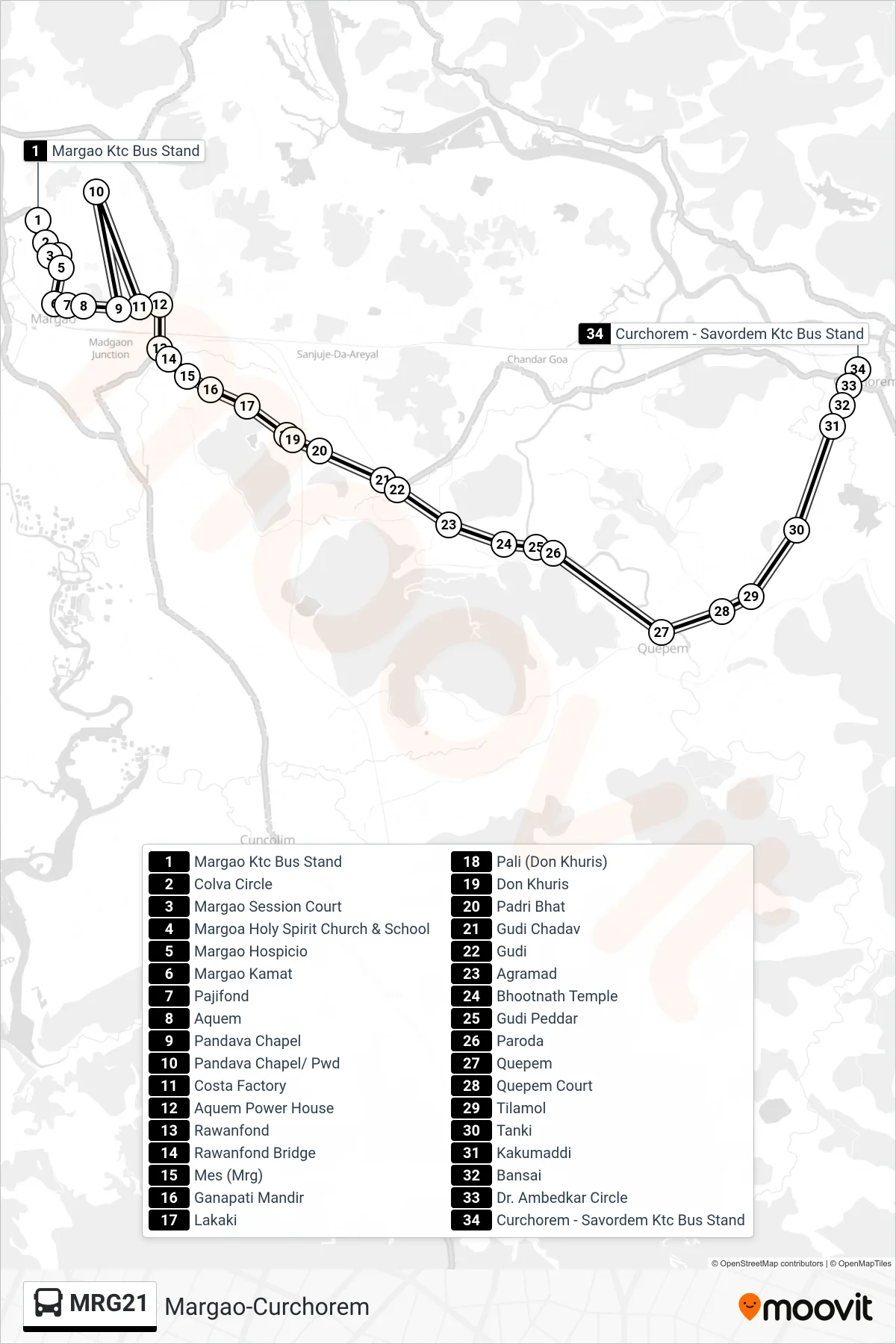 MRG21 bus Line (Margao-Curchorem) route and stops on a map
