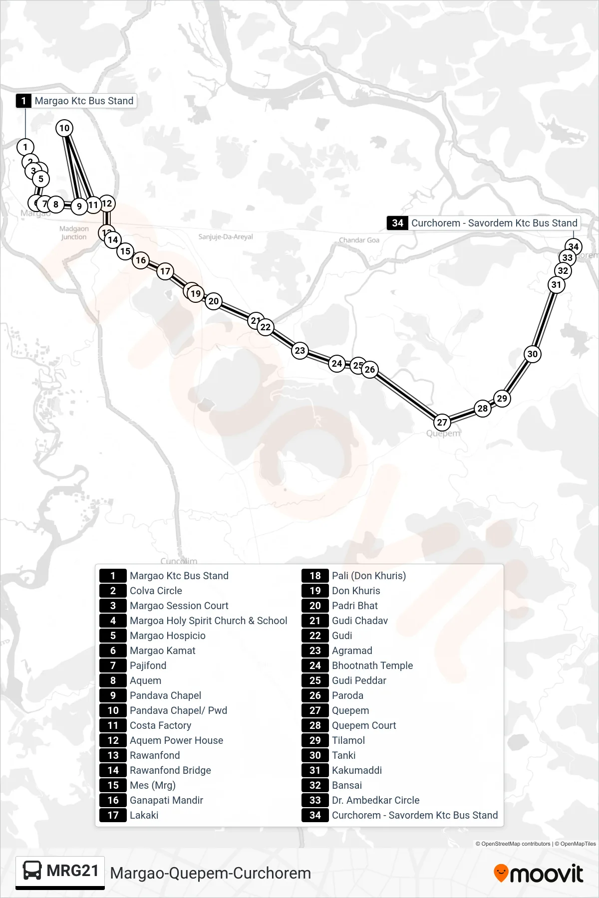MRG21 bus Line (Margao-Quepem-Curchorem) route and stops on a map