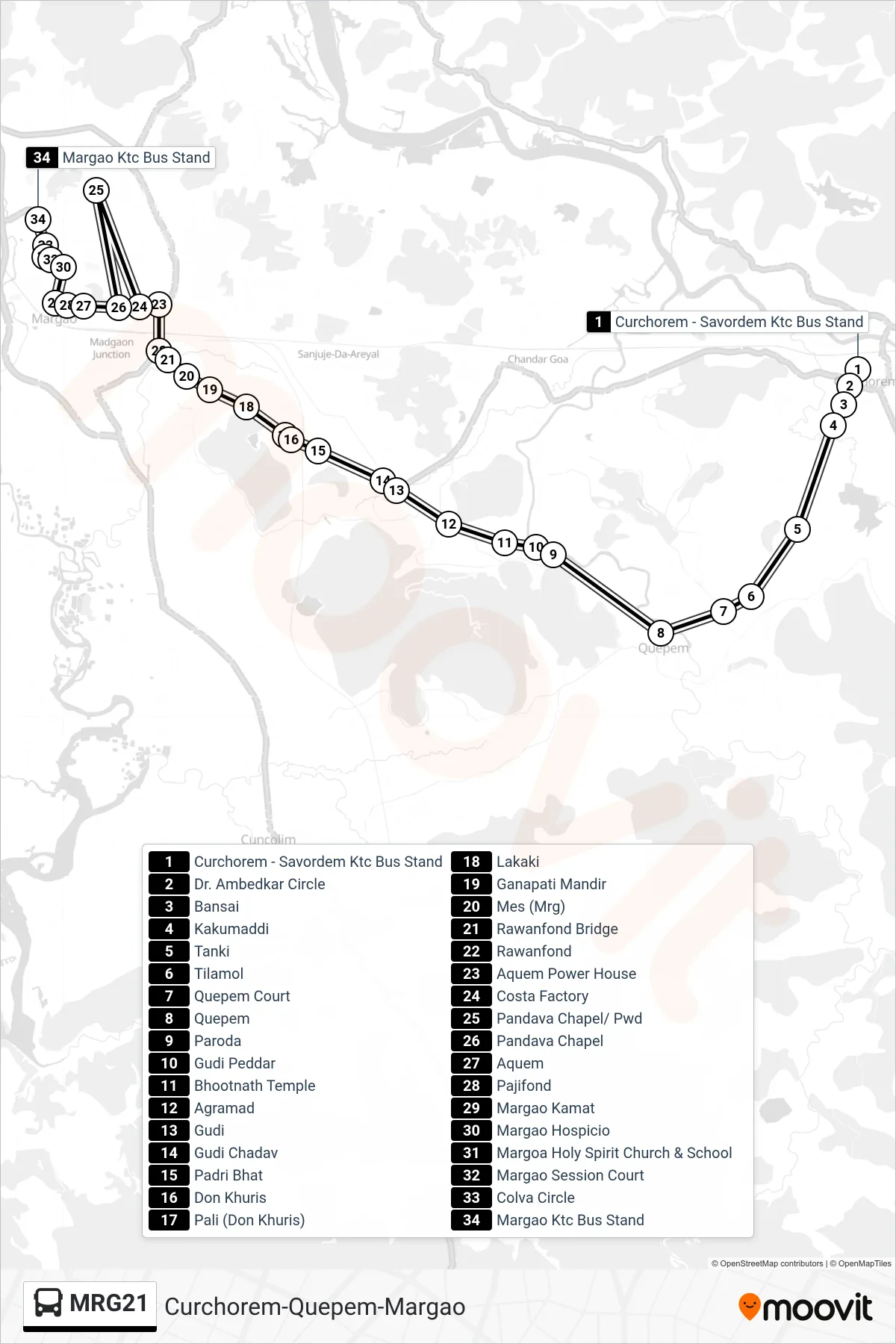 MRG21 bus Line (Curchorem-Quepem-Margao) route and stops on a map