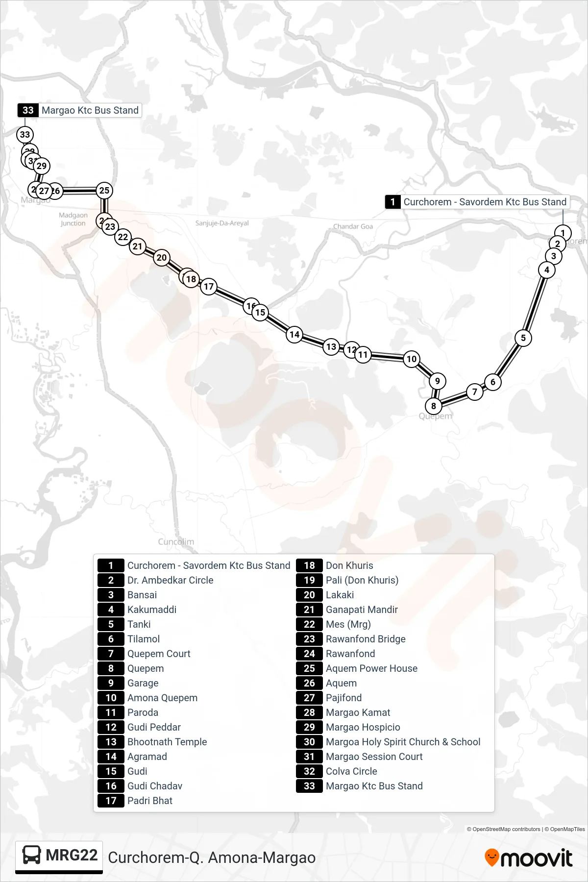 MRG22 bus Line (Curchorem-Q. Amona-Margao) route and stops on a map