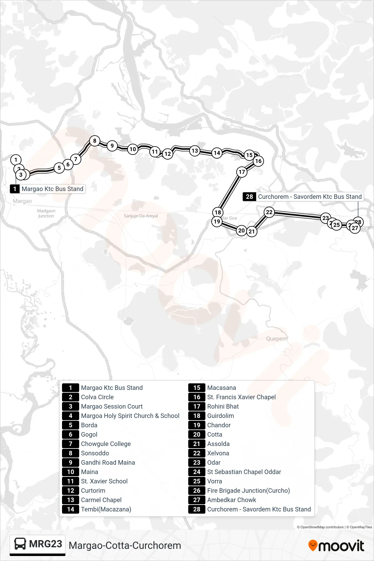 MRG23 bus Line (Margao-Cotta-Curchorem) route and stops on a map