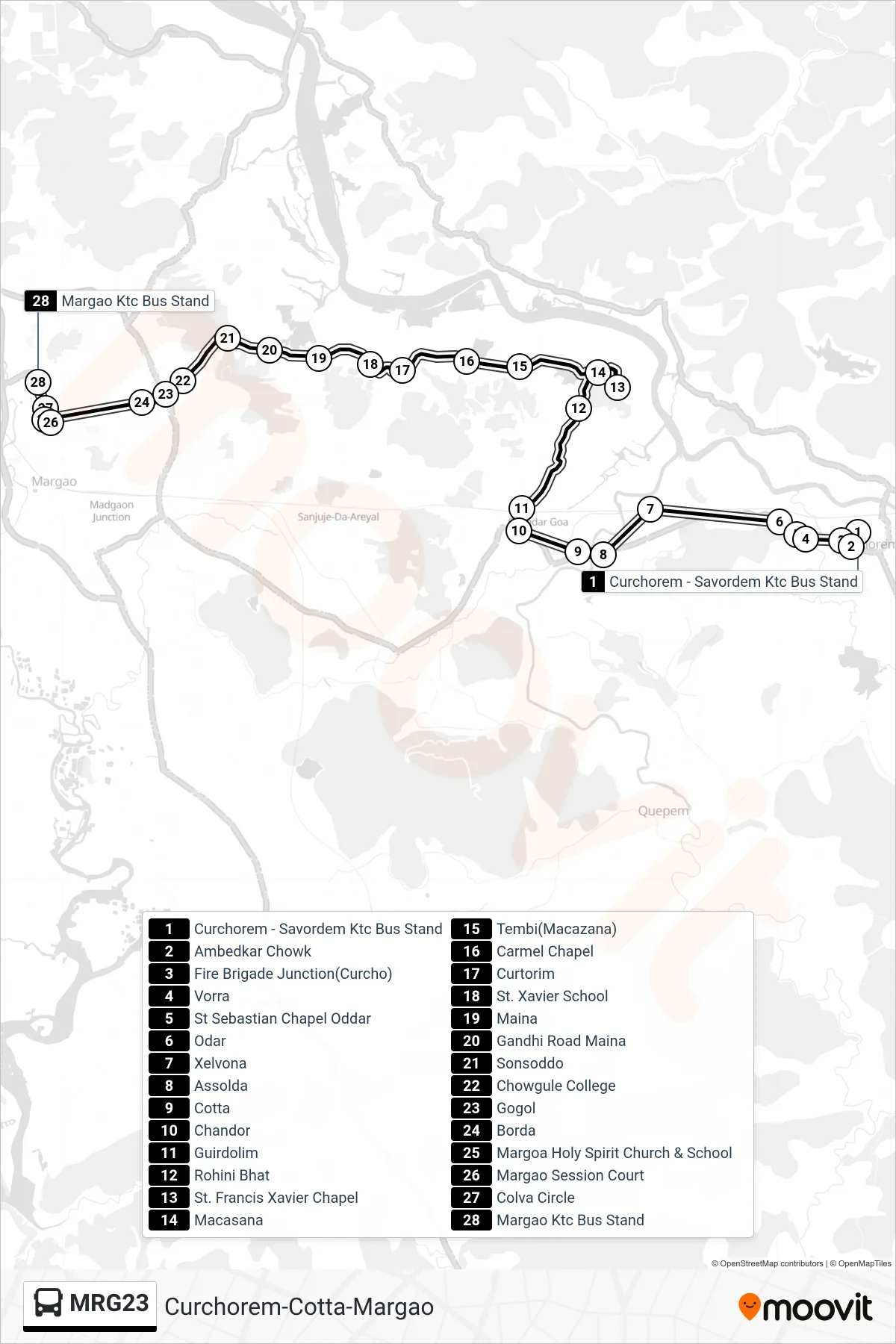 MRG23 bus Line (Curchorem-Cotta-Margao) route and stops on a map