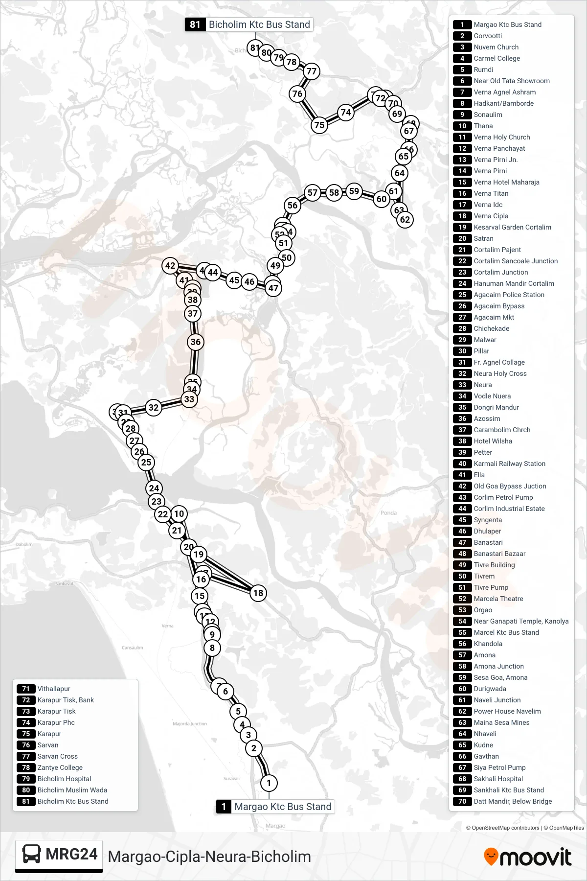 MRG24 bus Line (Margao-Cipla-Neura-Bicholim) route and stops on a map