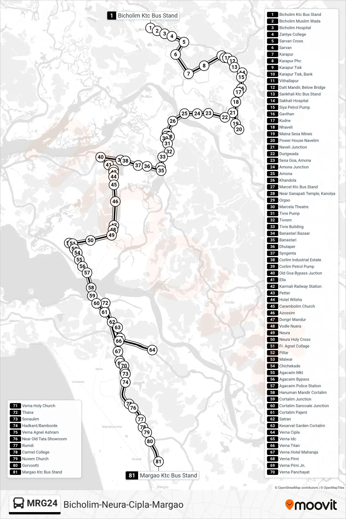 MRG24 bus Line (Bicholim-Neura-Cipla-Margao) route and stops on a map