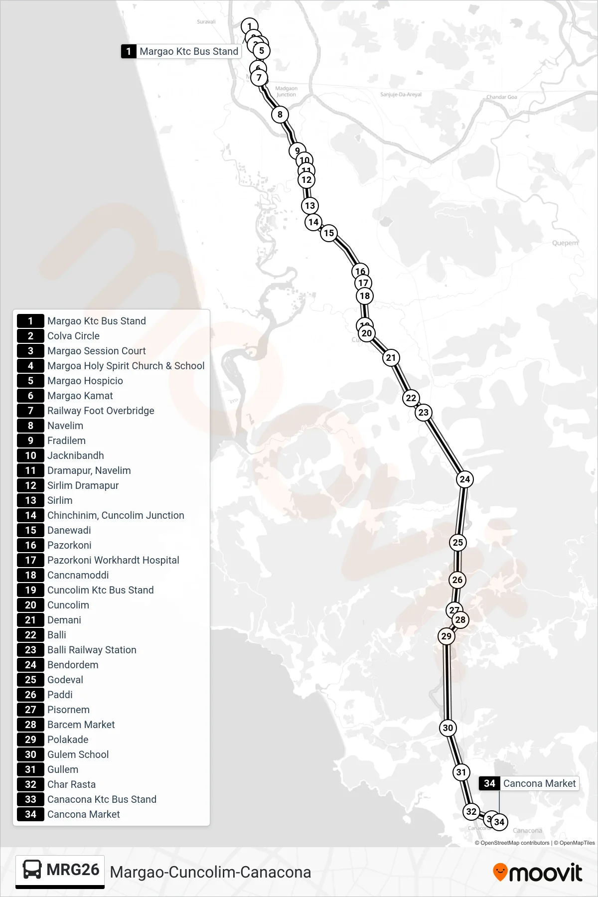 MRG26 bus Line (Margao-Cuncolim-Canacona) route and stops on a map