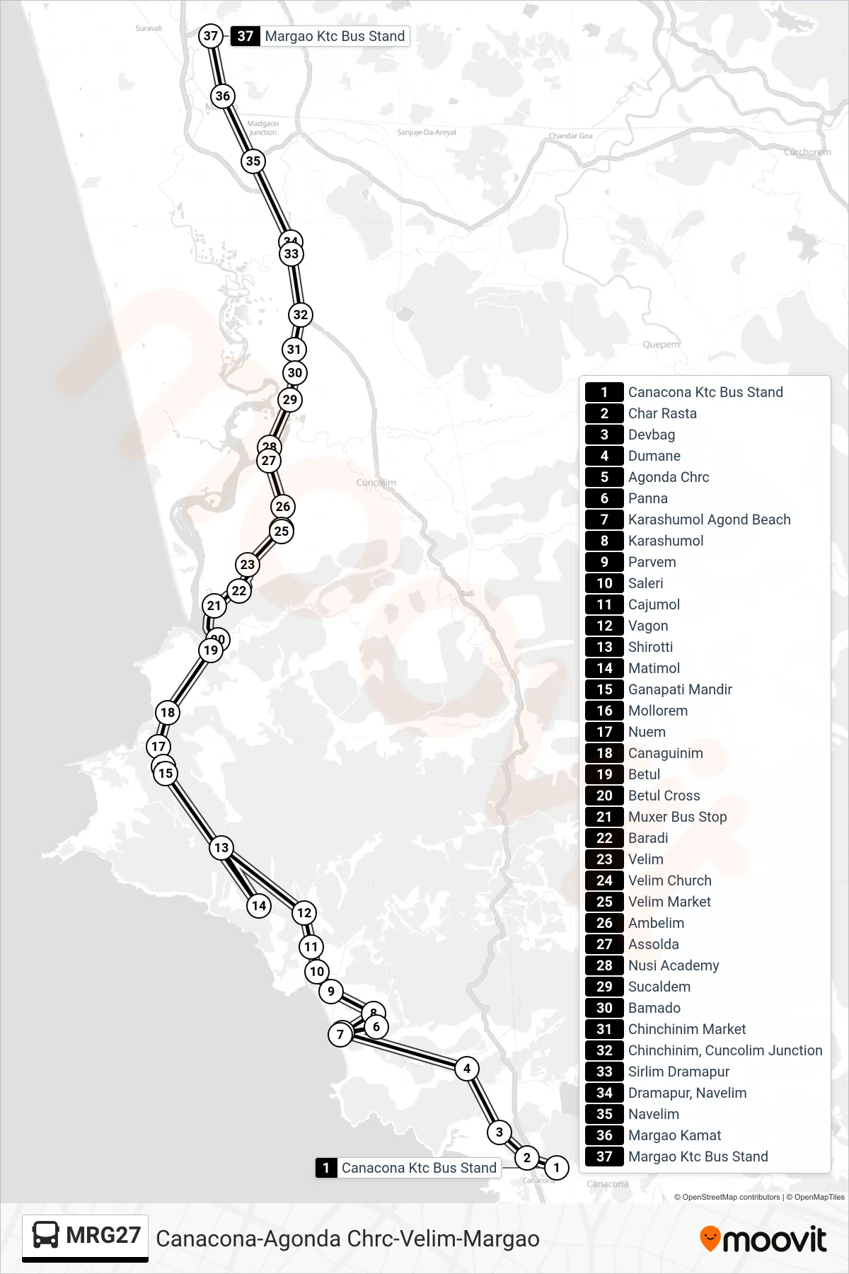 MRG27 bus Line (Canacona-Agonda Chrc-Velim-Margao) route and stops on a map