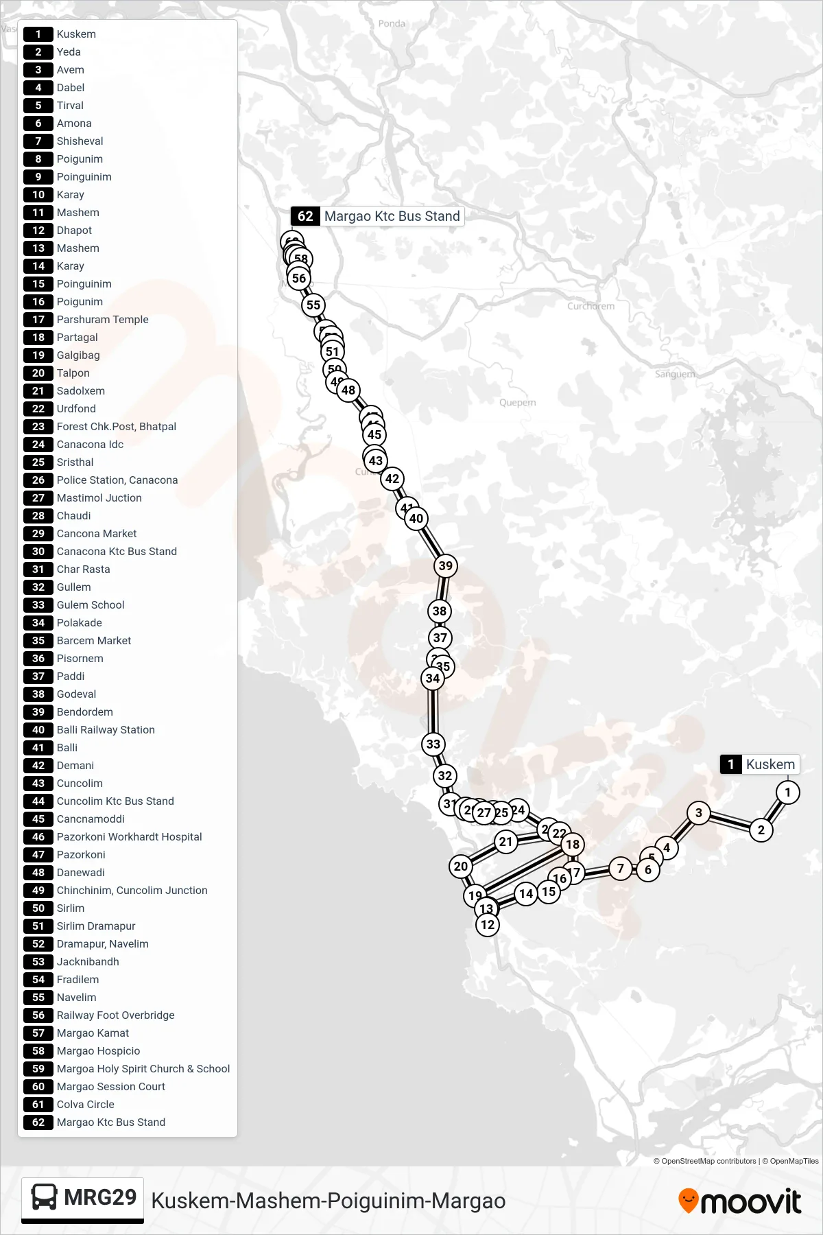 MRG29 bus Line (Kuskem-Mashem-Poiguinim-Margao) route and stops on a map