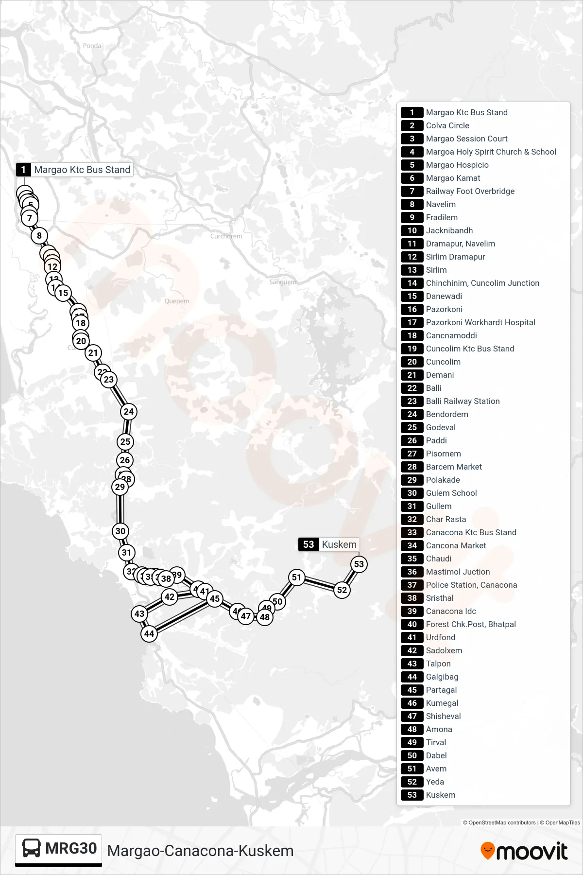 MRG30 bus Line (Margao-Canacona-Kuskem) route and stops on a map
