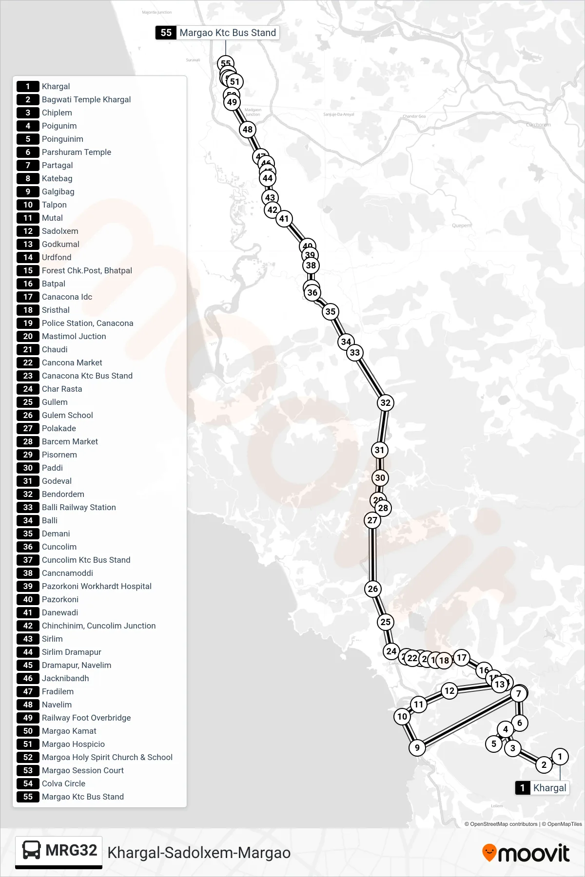 MRG32 bus Line (Khargal-Sadolxem-Margao) route and stops on a map