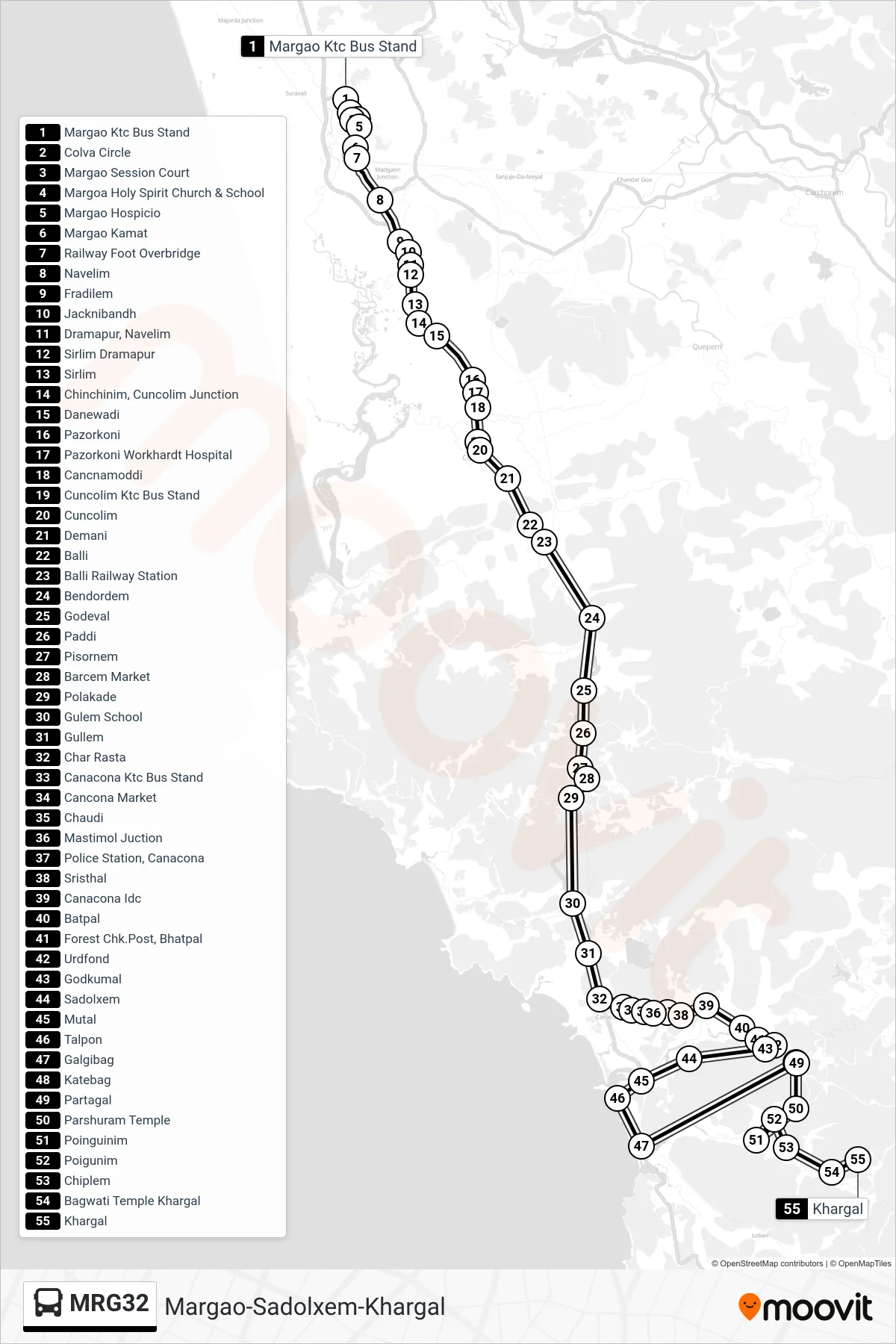 MRG32 bus Line (Margao-Sadolxem-Khargal) route and stops on a map