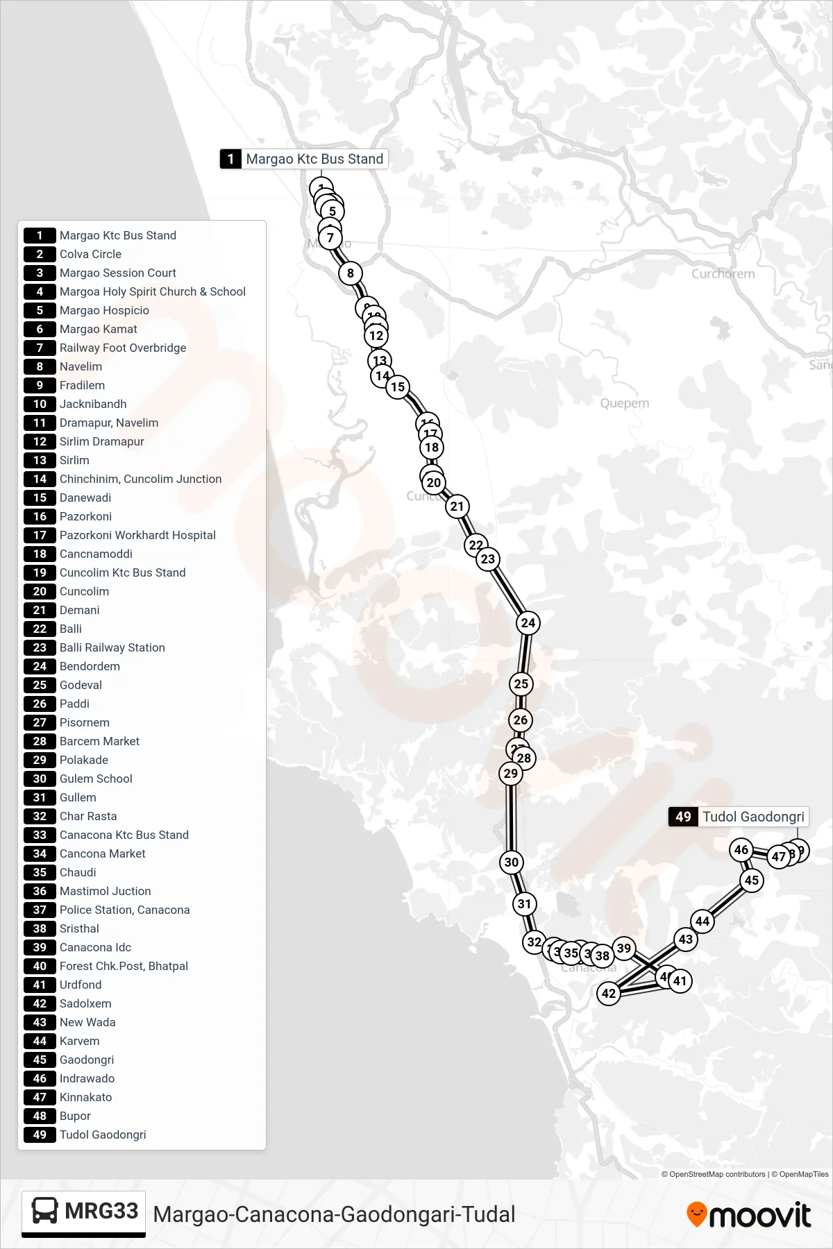 MRG33 bus Line (Margao-Canacona-Gaodongari-Tudal) route and stops on a map