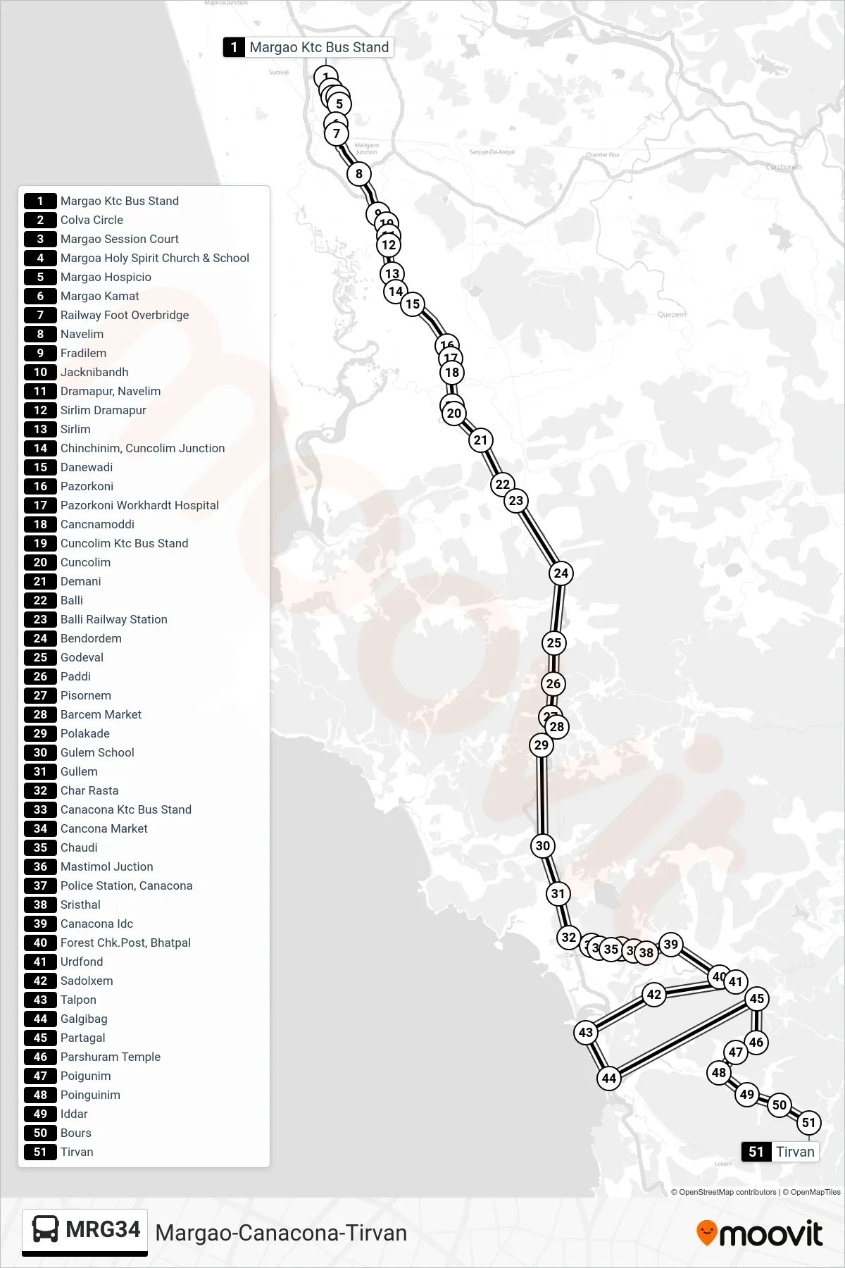 MRG34 bus Line (Margao-Canacona-Tirvan) route and stops on a map