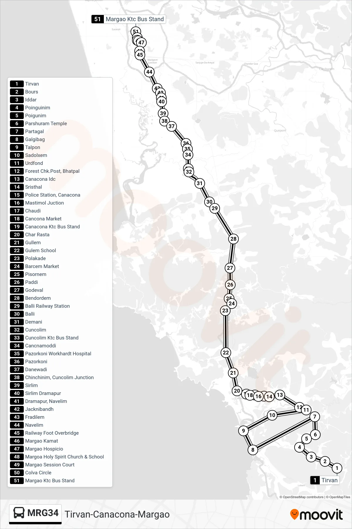MRG34 bus Line (Tirvan-Canacona-Margao) route and stops on a map