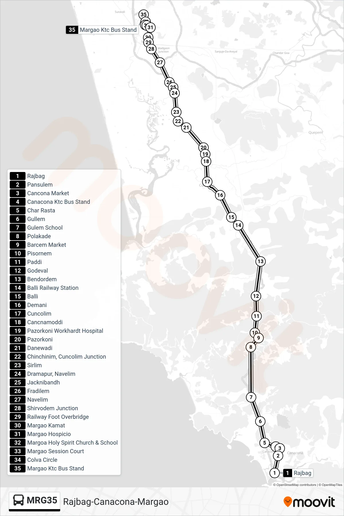 MRG35 bus Line (Rajbag-Canacona-Margao) route and stops on a map