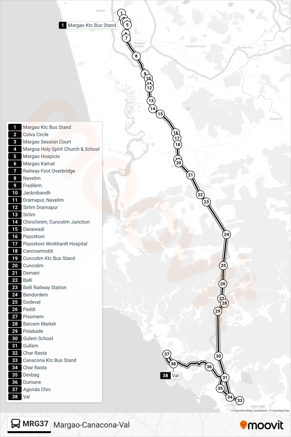 MRG37 bus Line (Margao-Canacona-Val) route and stops on a map