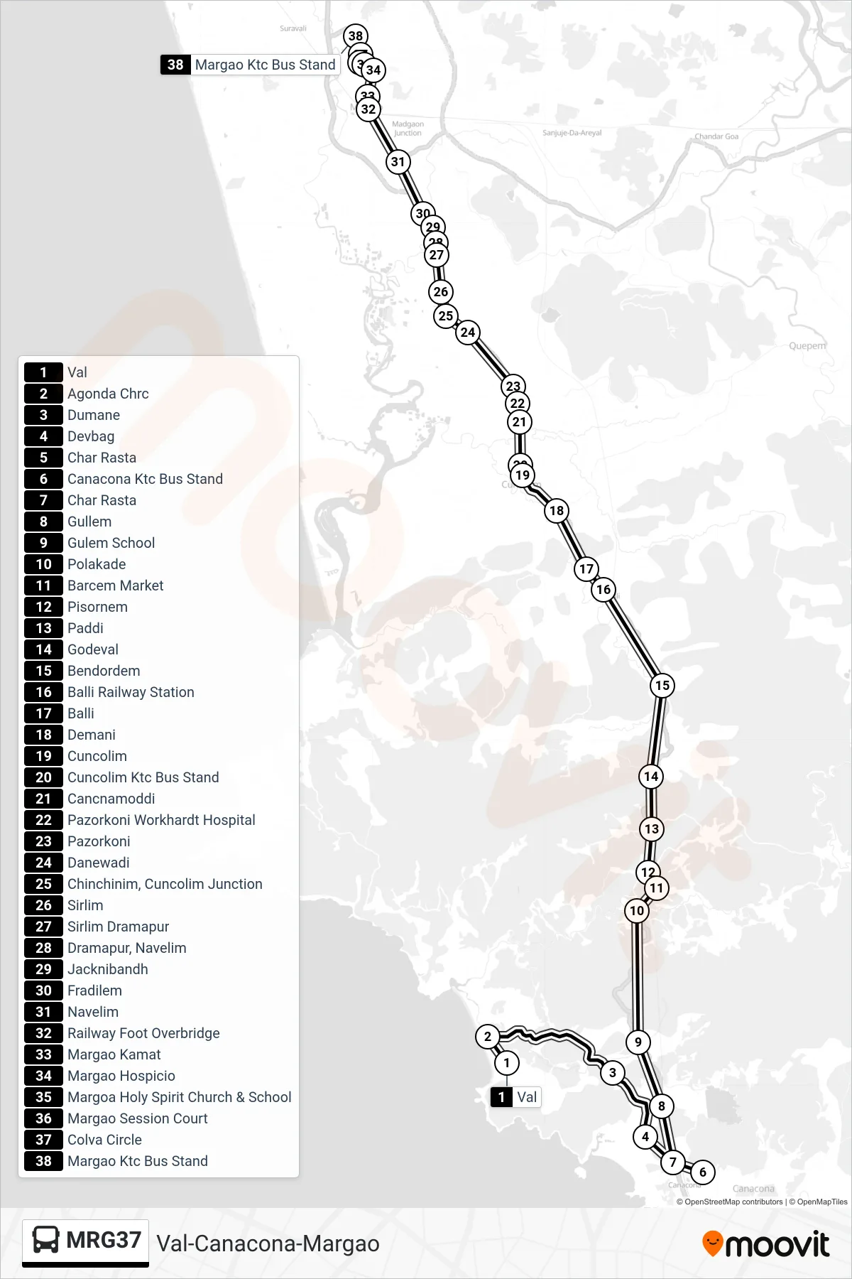 MRG37 bus Line (Val-Canacona-Margao) route and stops on a map