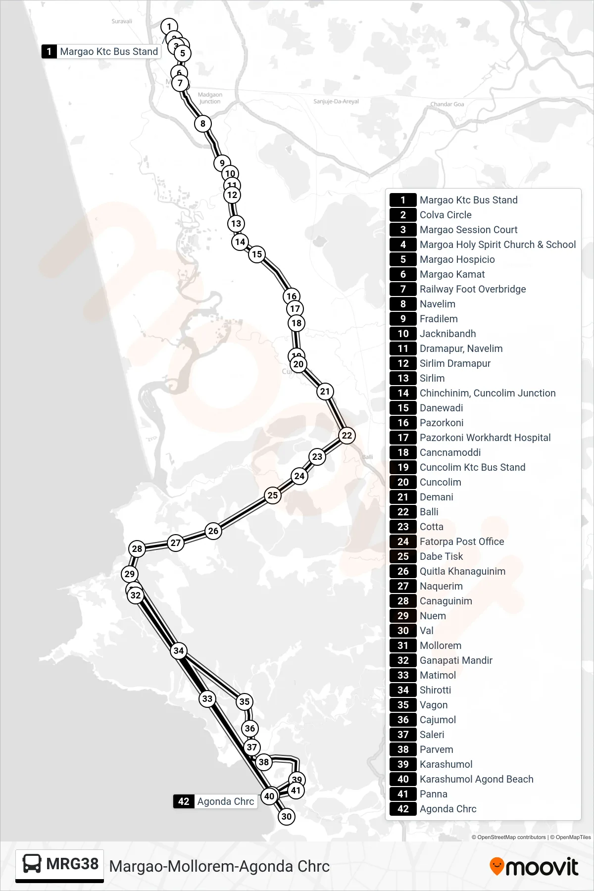 MRG38 bus Line (Margao-Mollorem-Agonda Chrc) route and stops on a map