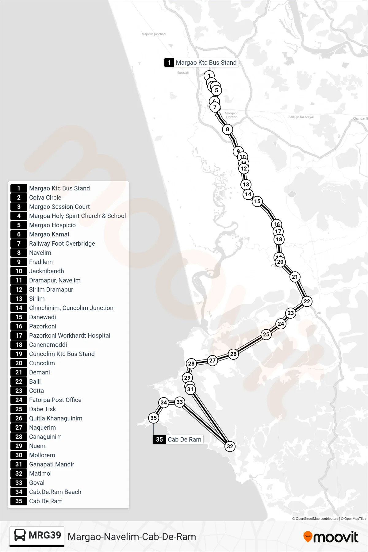 MRG39 bus Line (Margao-Navelim-Cab-De-Ram) route and stops on a map