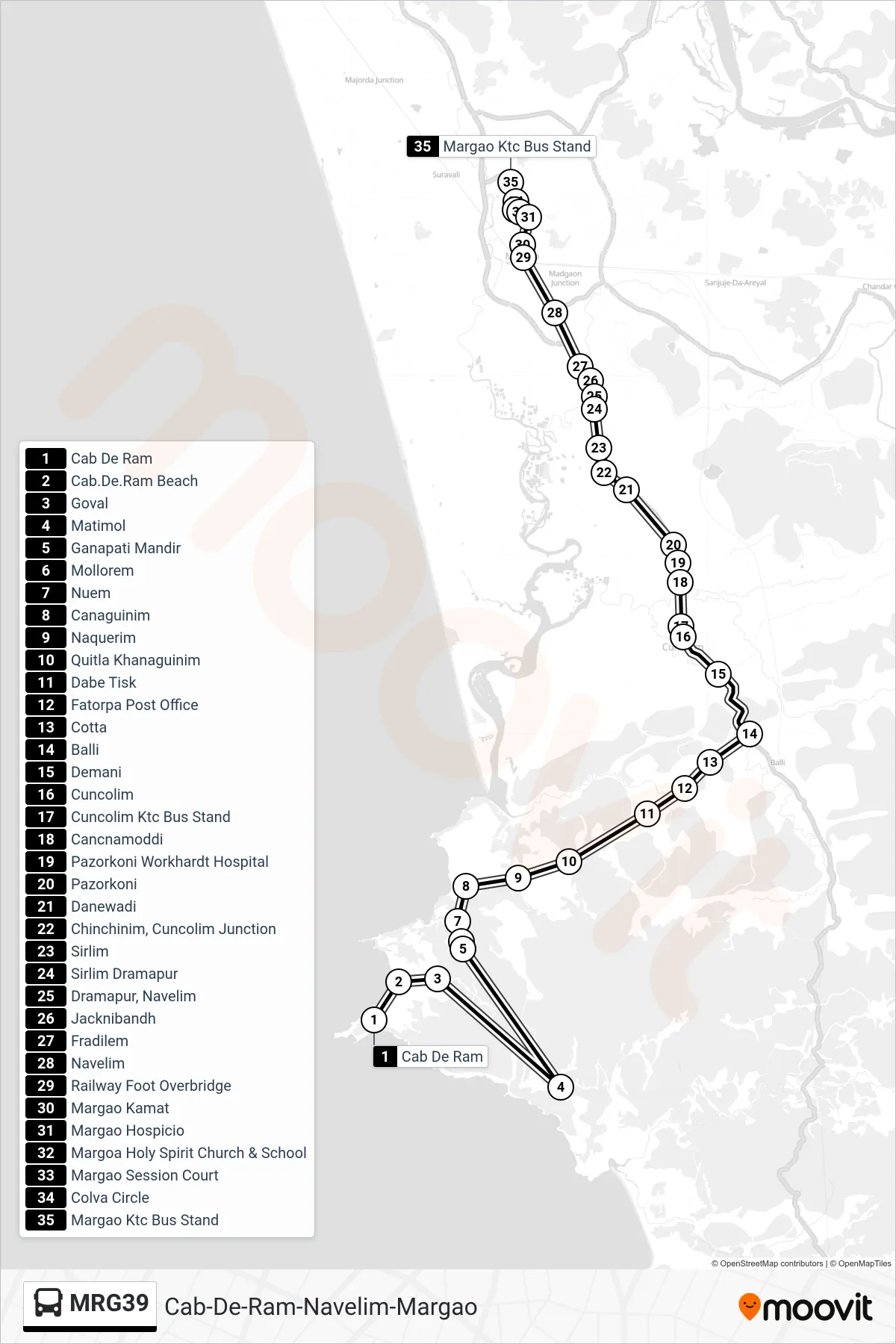 MRG39 bus Line (Cab-De-Ram-Navelim-Margao) route and stops on a map