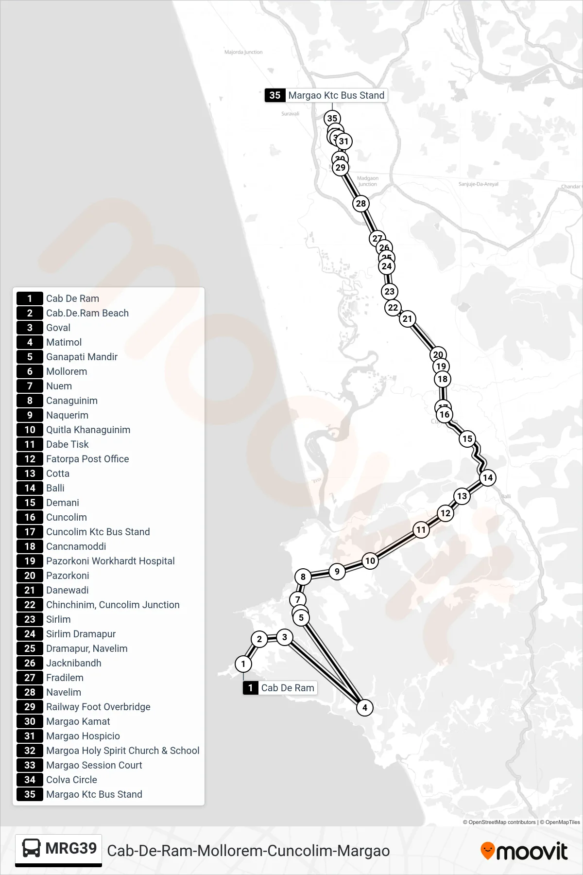 MRG39 bus Line (Cab-De-Ram-Mollorem-Cuncolim-Margao) route and stops on a map