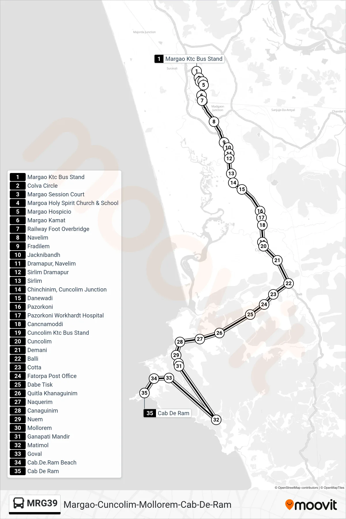 MRG39 bus Line (Margao-Cuncolim-Mollorem-Cab-De-Ram) route and stops on a map