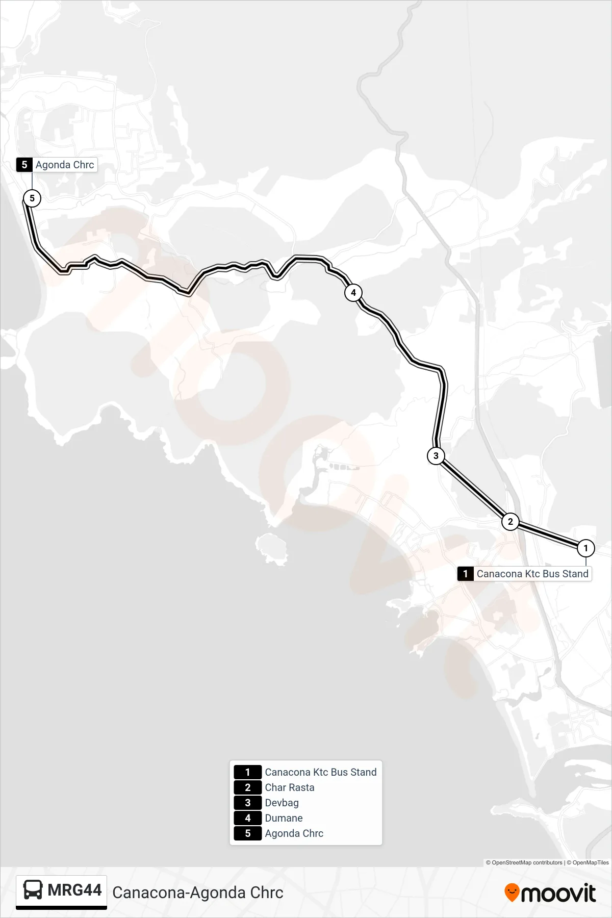 MRG44 bus Line (Canacona-Agonda Chrc) route and stops on a map