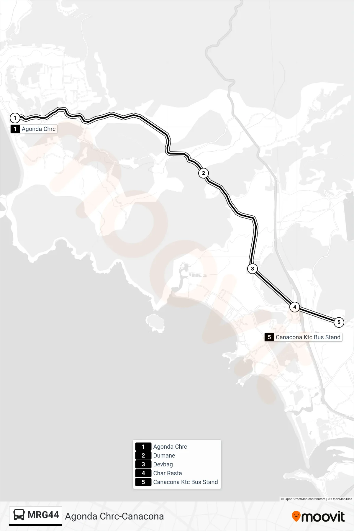 MRG44 bus Line (Agonda Chrc-Canacona) route and stops on a map