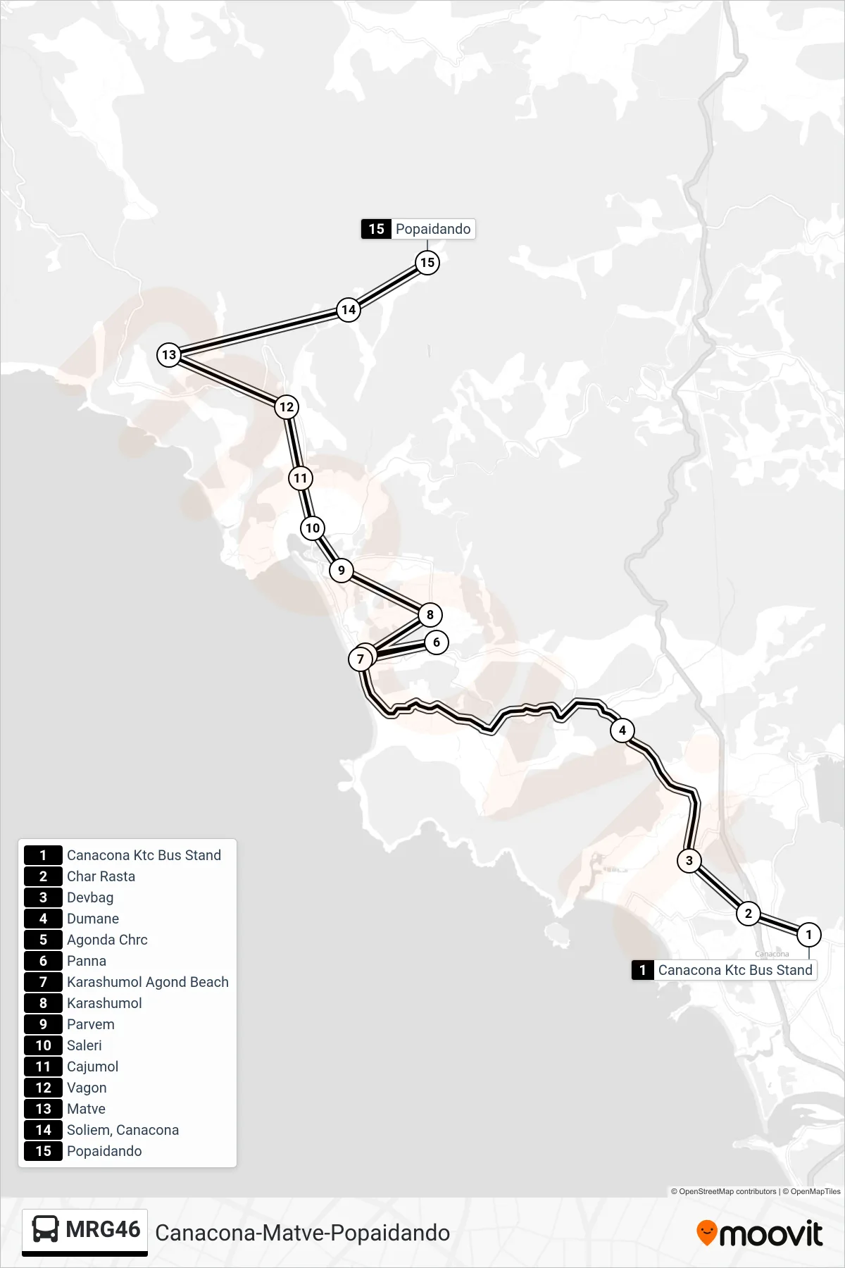 MRG46 bus Line (Canacona-Matve-Popaidando) route and stops on a map