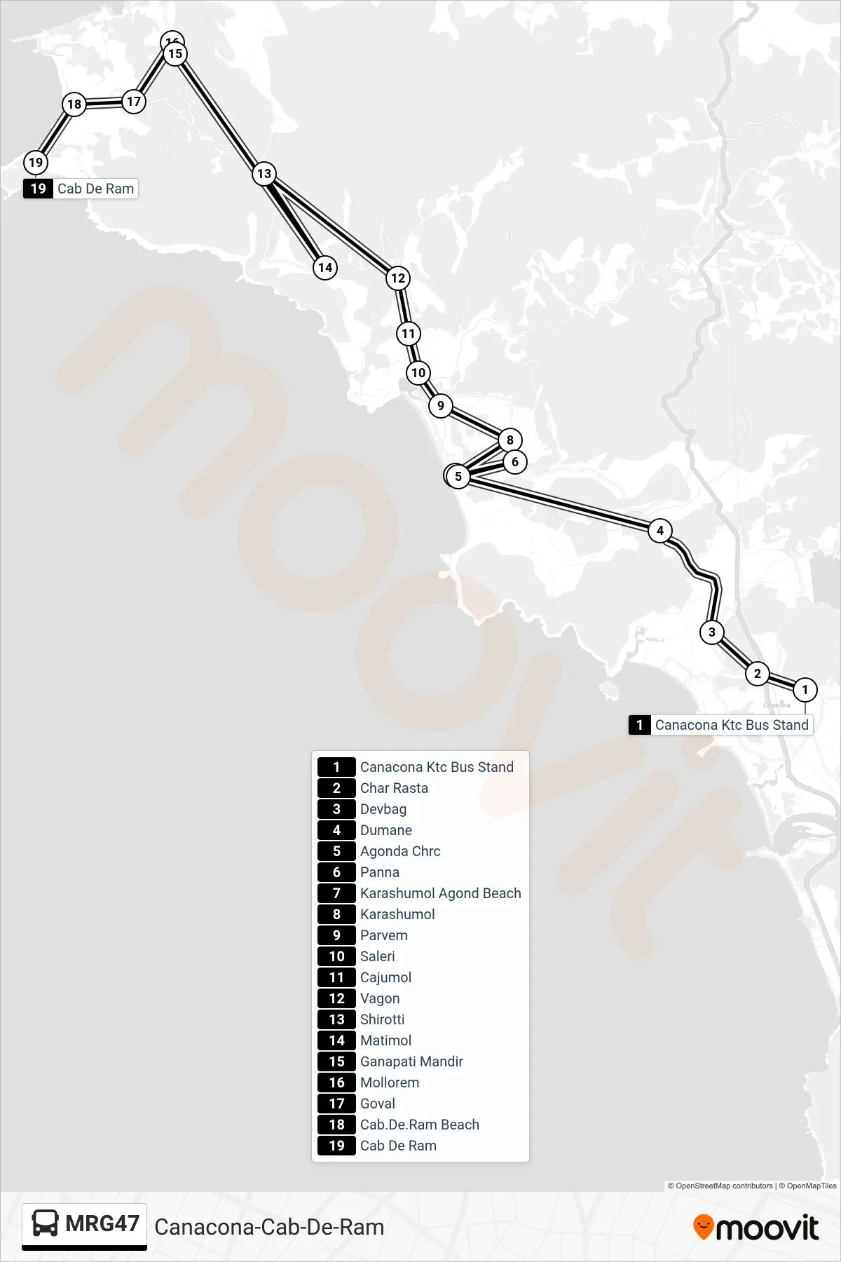 MRG47 bus Line (Canacona-Cab-De-Ram) route and stops on a map